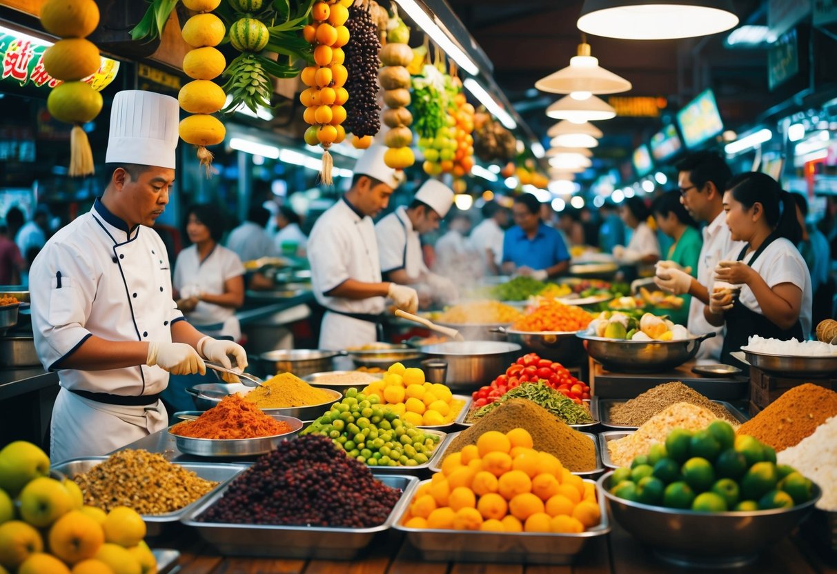 A bustling Southeast Asian market with vibrant colors, exotic fruits, and aromatic spices displayed on wooden stalls. A chef expertly prepares traditional dishes while locals and tourists sample the diverse cuisine
