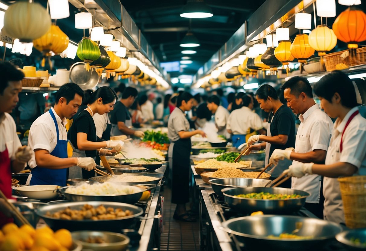 A bustling Southeast Asian market, filled with vendors showcasing a variety of cooking techniques and traditional culinary practices. The air is alive with the sights, sounds, and smells of diverse food preparation