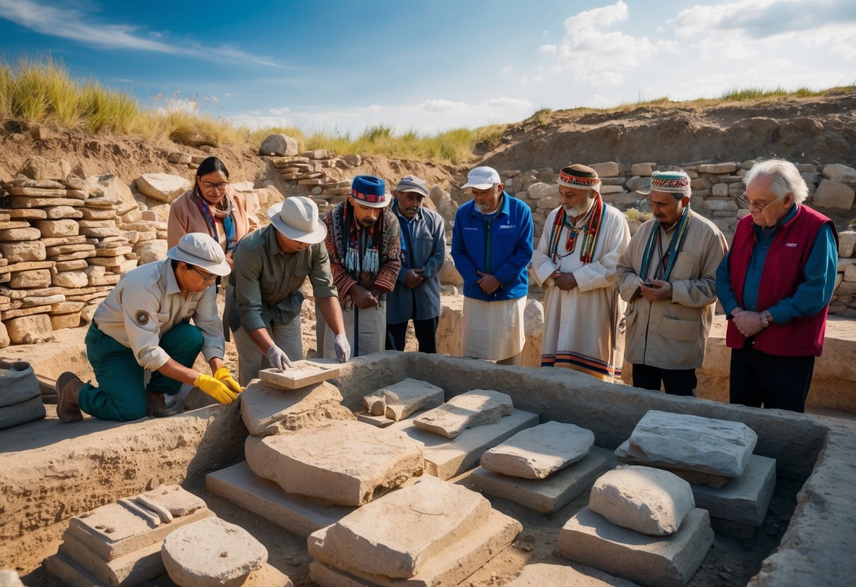 A team of archaeologists carefully excavate ancient artifacts from a burial site, while a group of indigenous elders looks on with reverence and curiosity