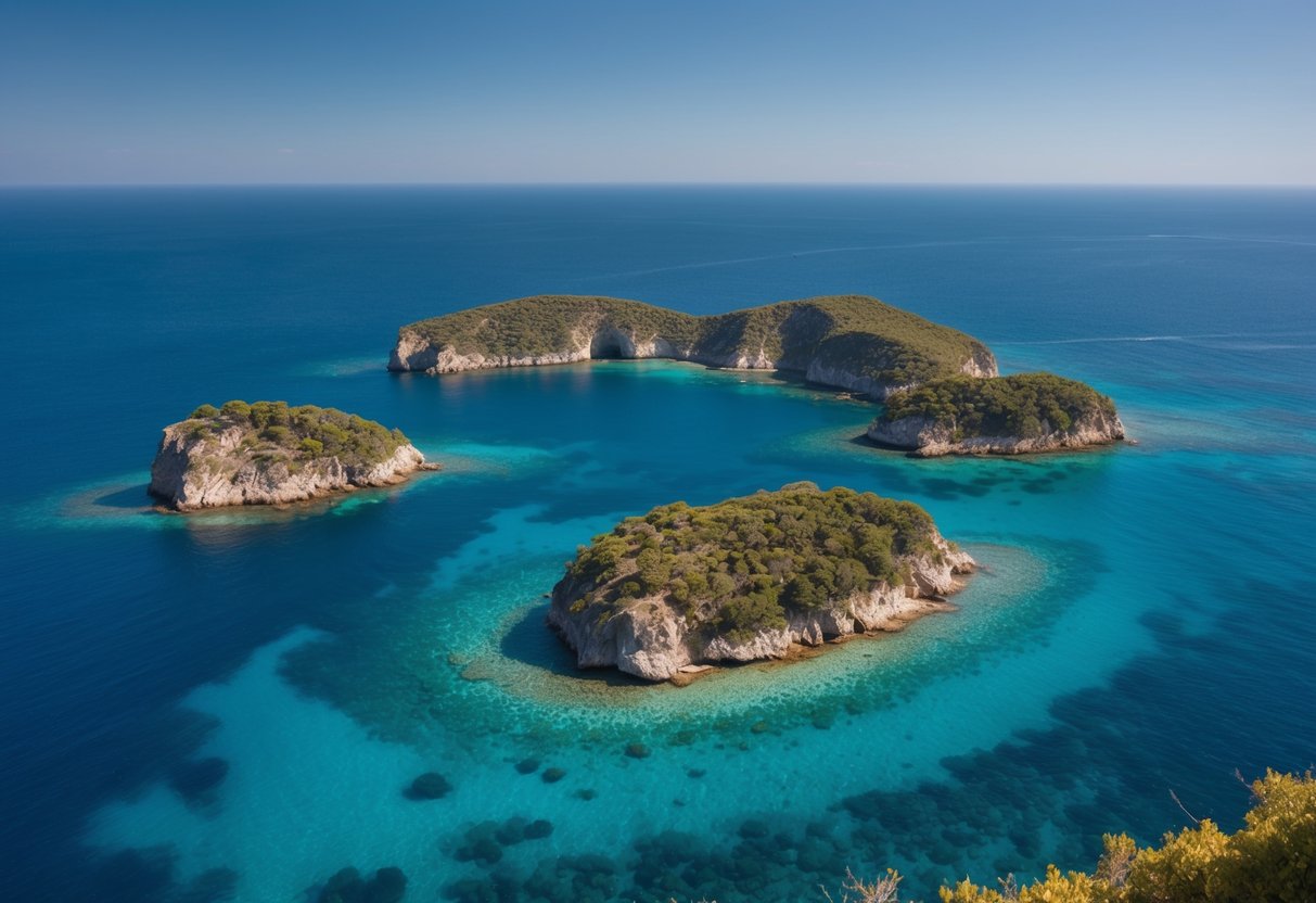 Crystal-clear waters reveal hidden islands framed by rugged cliffs and lush vegetation, surrounded by the endless expanse of the Mediterranean Sea