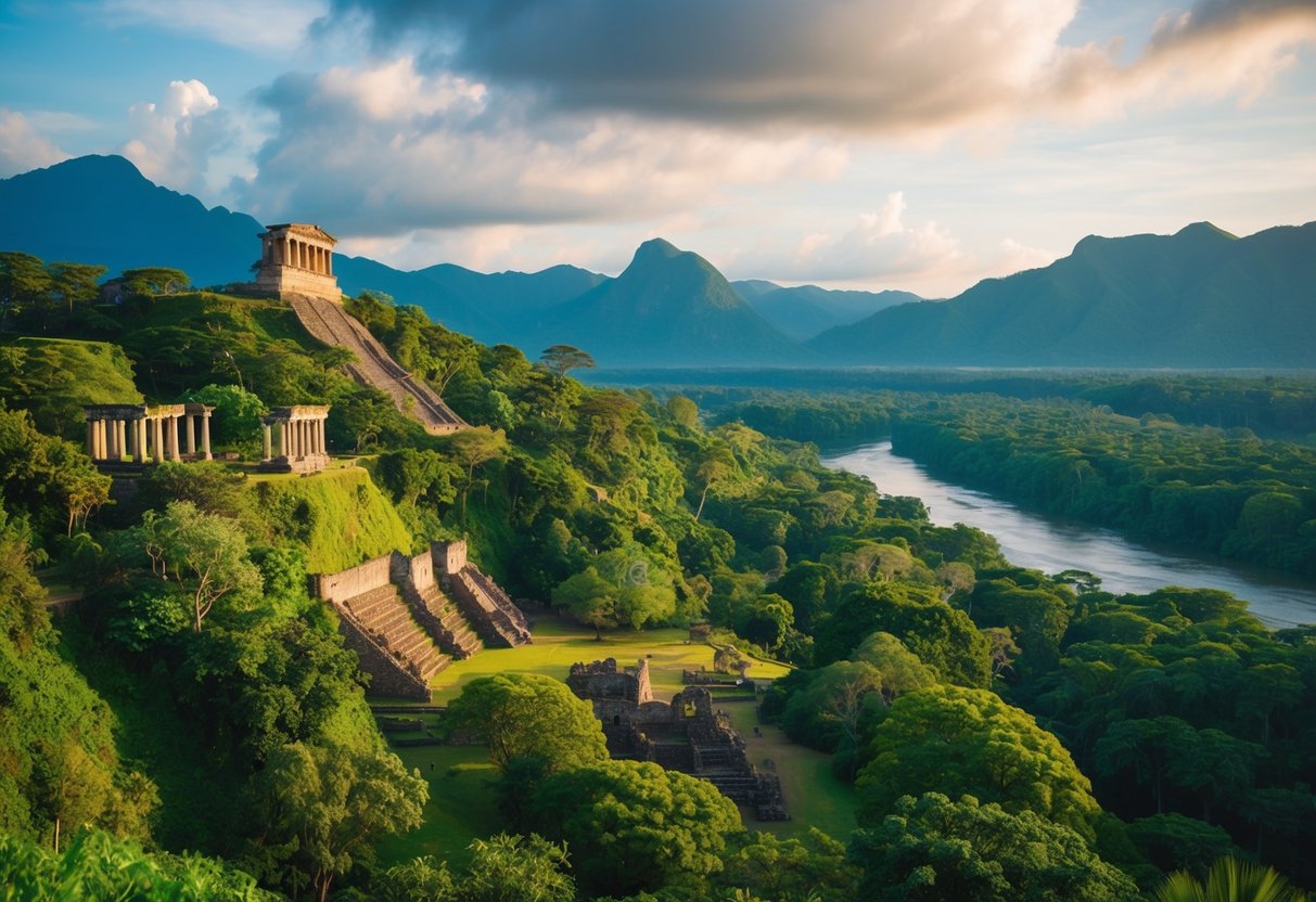 A lush rainforest with ancient ruins and diverse wildlife, surrounded by mountains and rivers