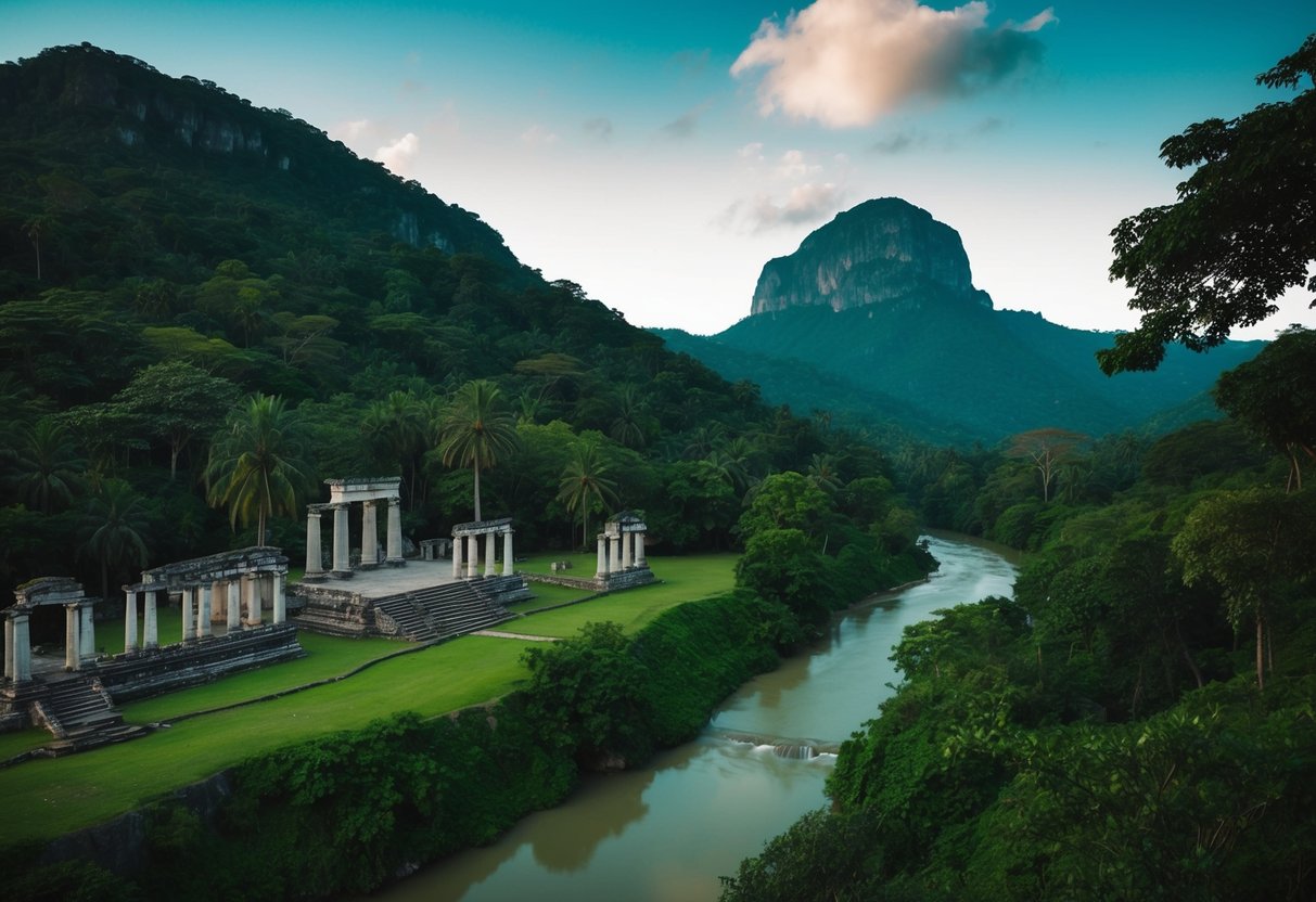 A dense jungle meets ancient ruins at the foot of a towering mountain, with a winding river flowing through the lush landscape