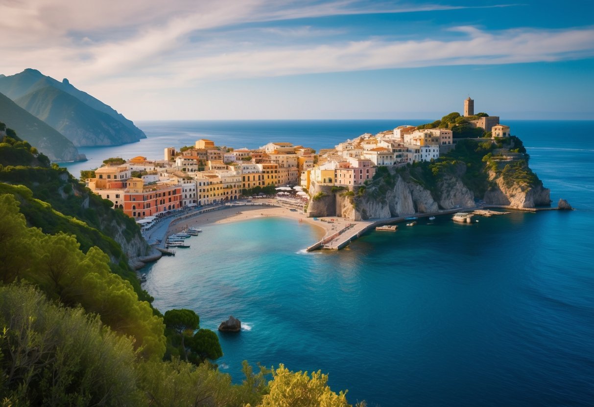 The rugged Amalfi coastline winds along the azure Adriatic Sea, dotted with colorful villages and lush cliffs