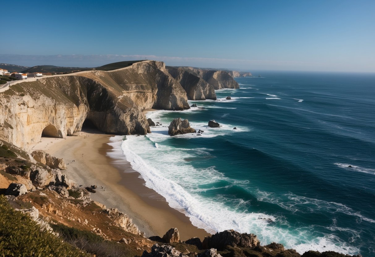 The rugged coastline of Portugal stretches out, with dramatic cliffs meeting the crashing waves of the Atlantic Ocean. Rocky outcrops and sandy beaches dot the landscape, while the deep blue sea extends to the horizon