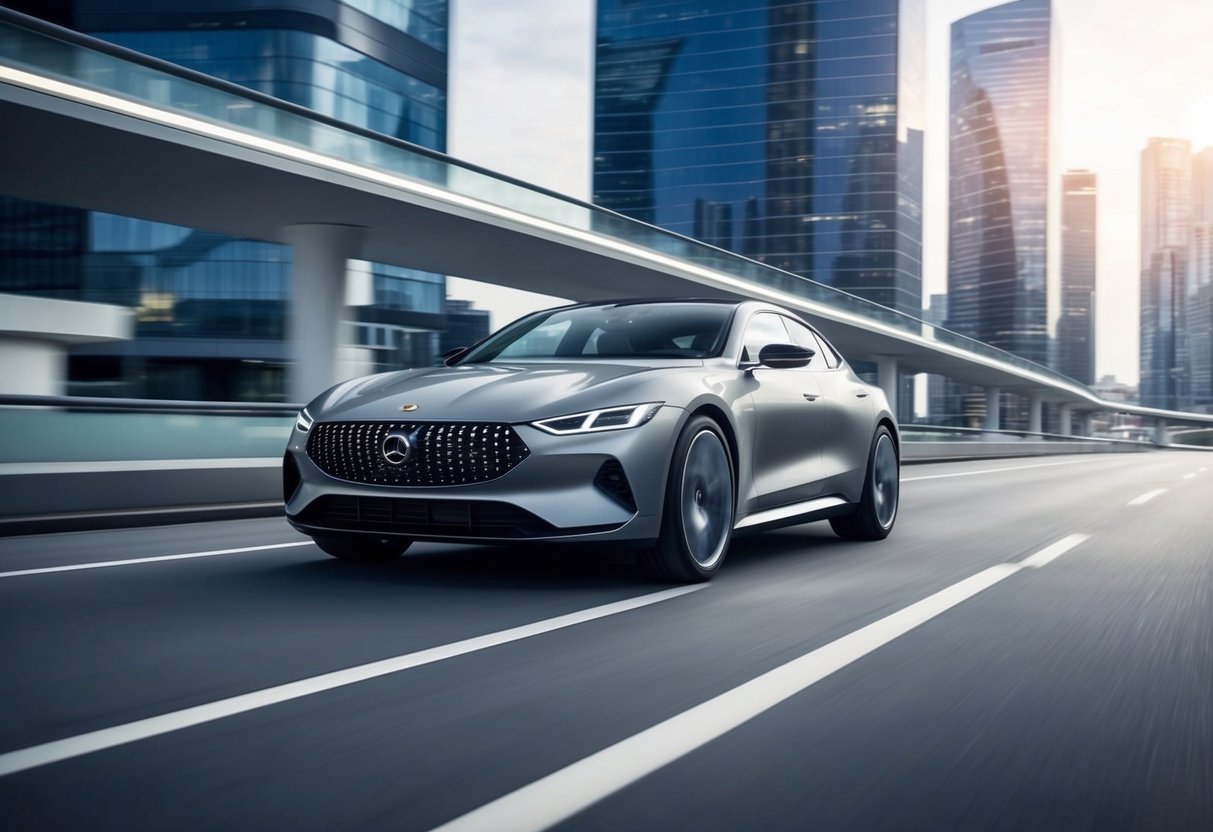 A sleek, modern car driving through a futuristic cityscape, with high-tech safety features integrated seamlessly into the vehicle's design