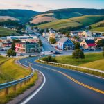 A winding road leads to a quaint small town nestled among rolling hills, with colorful buildings and a bustling town square