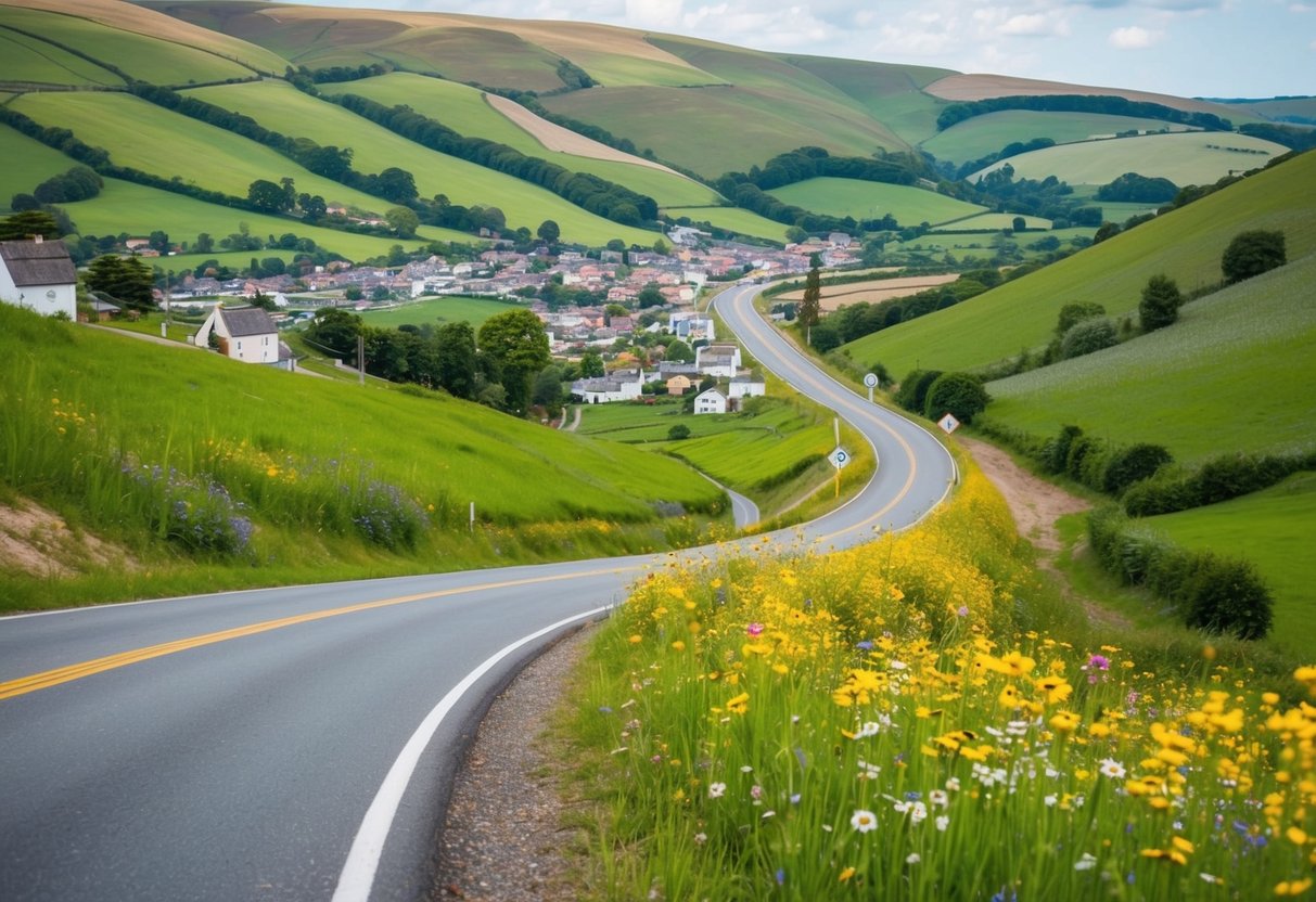 A winding road leads through rolling hills, dotted with quaint houses and colorful wildflowers. A small town sits nestled in the valley, surrounded by lush greenery
