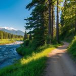 A winding trail through a lush forest with towering trees, a rushing river, and distant mountains under a clear blue sky