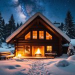 A cozy cabin nestled in a snow-covered forest, with a warm fire crackling in the fireplace and a starry sky overhead