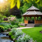A tranquil garden with a wooden meditation hut surrounded by lush greenery and blooming flowers, with a peaceful stream flowing nearby