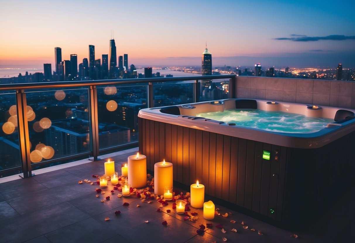 A cozy, candlelit suite with a plush king-sized bed, scattered rose petals, and a bubbling jacuzzi overlooking a breathtaking view of the city skyline