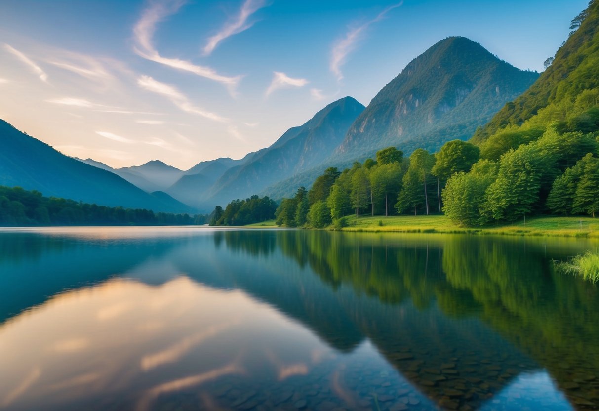 A serene landscape with a tranquil lake, surrounded by lush greenery and towering mountains, creating a peaceful atmosphere for meditation retreats worldwide