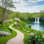 A serene landscape with a winding path through lush greenery, leading to a tranquil waterfall surrounded by blooming flowers