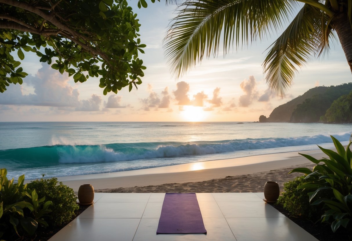 A serene, tropical beach at sunset with a lone yoga mat and a peaceful, secluded meditation area surrounded by lush greenery and the sound of crashing waves