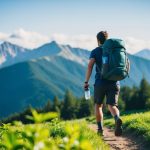 A person hiking in a lush, green forest with a backpack and water bottle, surrounded by mountains and a clear blue sky
