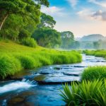 A serene landscape with lush greenery, flowing water, and a peaceful atmosphere, evoking a sense of healing and tranquility for wellness travel illustration